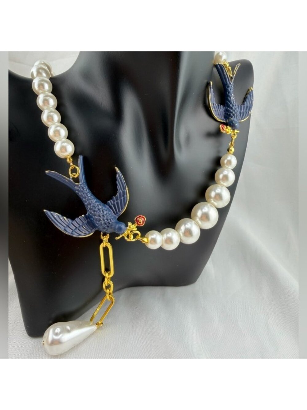 Anthropologie Blue Swallow Pearl Statement Necklace Gold Accent